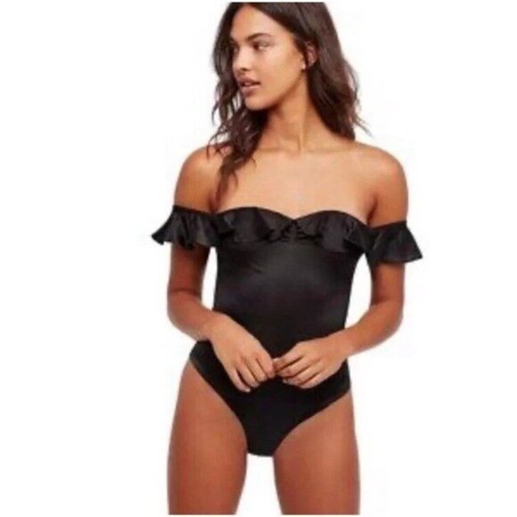 For Love & Lemons Scivvies Bodysuit Black Silk Blend Ruffle Off Shoulder Tank - Picture 3 of 8